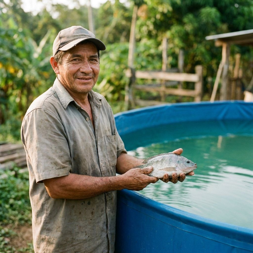 Pequeño productor de tilapia sosteniendo un pez sano junto a su tanque de cultivo